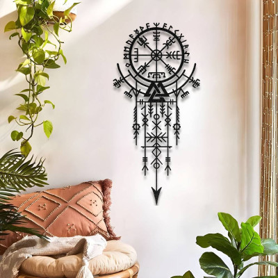Vegvisir Rün Çemberi ve Valknut Sembolü Metal Duvar Tablosu İskandinav Viking Mistik Metal Tablo