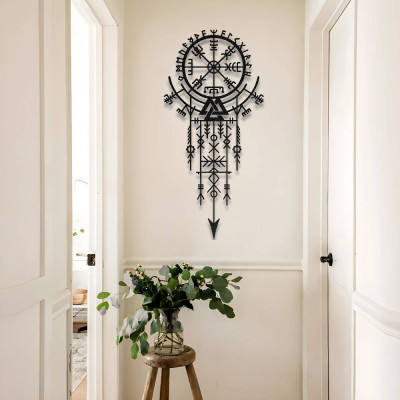 Vegvisir Rün Çemberi ve Valknut Sembolü Metal Duvar Tablosu İskandinav Viking Mistik Metal Tablo