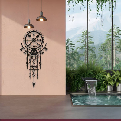 Vegvisir Rün Çemberi ve Valknut Sembolü Metal Duvar Tablosu İskandinav Viking Mistik Metal Tablo