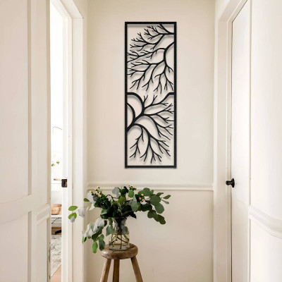 Dikdörtgen Çerçeveli Ağaç Dalları Panel Metal Duvar Tablosu Salon Koridor Dekoru Minimalist Metal Tablo