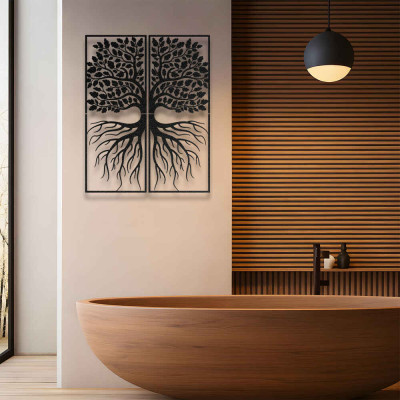 4 Parça Simetrik Hayat Ağacı Metal Duvar Tablosu Salon Dekoru Kök ve Yaprak Panel Metal Tablo