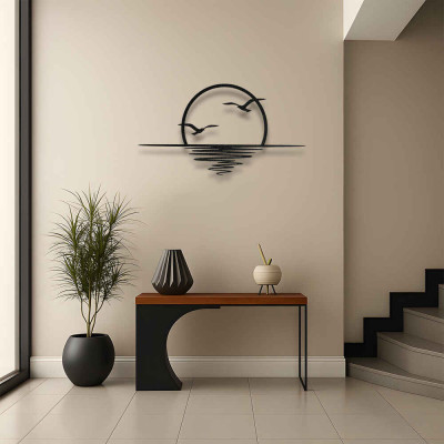Güneş Yansımalı Kuşlar Metal Duvar Tablosu Salon Dekoru Deniz Manzarası Metal Tablo