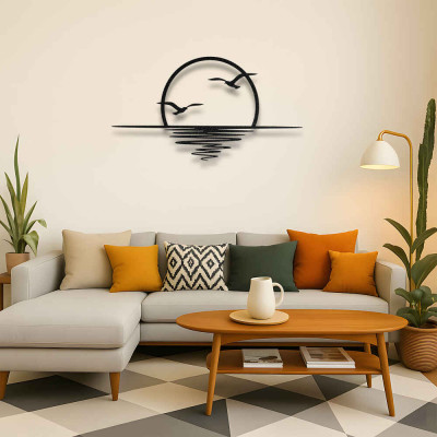 Güneş Yansımalı Kuşlar Metal Duvar Tablosu Salon Dekoru Deniz Manzarası Metal Tablo