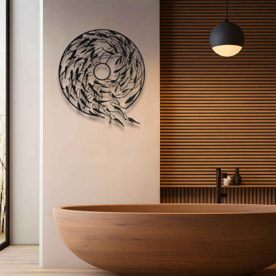 Girdap Balık Sürüsü Yuvarlak Metal Duvar Tablosu Salon Dekoru Balık Metal Tablo