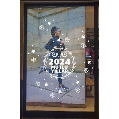 Yeni Yıla Özel 2024 Mutlu Yıllar Yazısı Taç Süslemesi ve Kar Tanesi Yılbaşı Stickerları