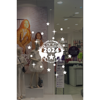 Geyikler Happy New Year 2024 Yazısı Yeni Yıl Yılbaşı Vitrin Cam Sticker