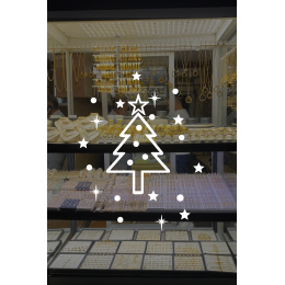 Büyük Çam Ağacı ve Parlak Yıldız ve Kar Taneleri Yeni Yıl Yılbaşı Vitrin Stickerı