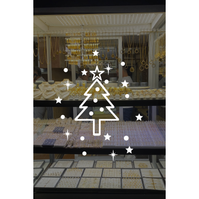 Büyük Çam Ağacı ve Parlak Yıldız ve Kar Taneleri Yeni Yıl Yılbaşı Vitrin Stickerı