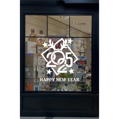 Çerçeve İçinde Happy New Year 2025 Yazısı Yılbaşı Süslemeleri Yeni Yıl Yılbaşı Vitrin Cam Sticker