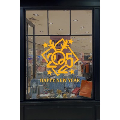 Çerçeve İçinde Happy New Year 2025 Yazısı Yılbaşı Süslemeleri Yeni Yıl Yılbaşı Vitrin Cam Sticker