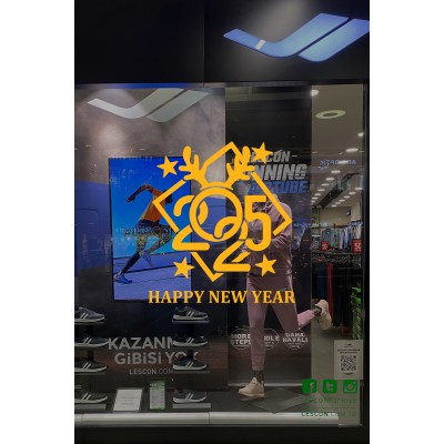 Çerçeve İçinde Happy New Year 2025 Yazısı Yılbaşı Süslemeleri Yeni Yıl Yılbaşı Vitrin Cam Sticker