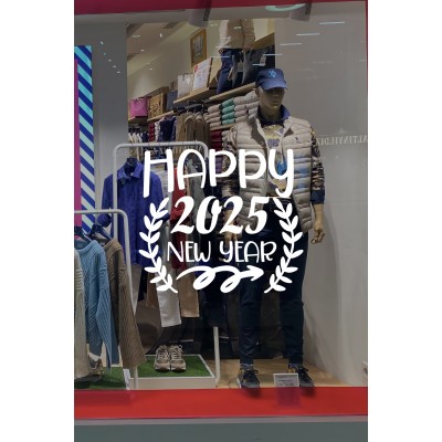 Taç Happy New Year 2025 Yazısı Yılbaşı Süslemeleri Yeni Yıl Yılbaşı Vitrin Cam Sticker