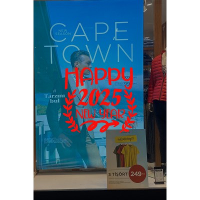 Taç Happy New Year 2025 Yazısı Yılbaşı Süslemeleri Yeni Yıl Yılbaşı Vitrin Cam Sticker