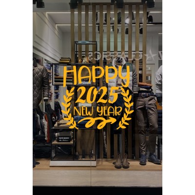 Taç Happy New Year 2025 Yazısı Yılbaşı Süslemeleri Yeni Yıl Yılbaşı Vitrin Cam Sticker