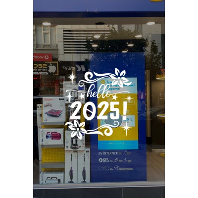 Çiçekler Yıldızlar Hello 2025 Yılbaşı Süslemeleri Yeni Yıl Yılbaşı Vitrin Cam Sticker
