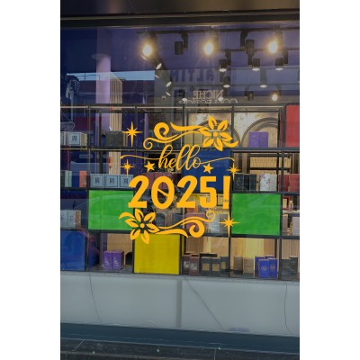 Çiçekler Yıldızlar Hello 2025 Yılbaşı Süslemeleri Yeni Yıl Yılbaşı Vitrin Cam Sticker