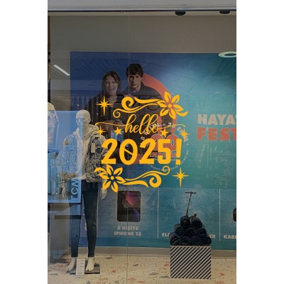 Çiçekler Yıldızlar Hello 2025 Yılbaşı Süslemeleri Yeni Yıl Yılbaşı Vitrin Cam Sticker