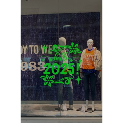 Çiçekler Yıldızlar Hello 2025 Yılbaşı Süslemeleri Yeni Yıl Yılbaşı Vitrin Cam Sticker