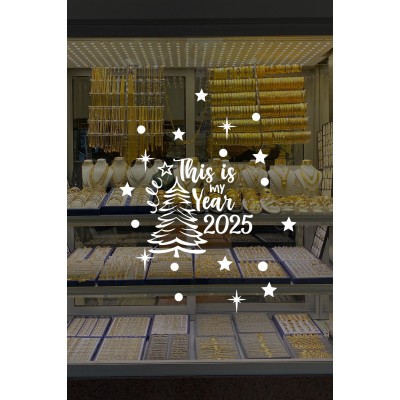  Çam Ağacı Happy New Year Süslemeli Yazısı Yeni Yıl Yılbaşı Vitrin Cam Stickerı