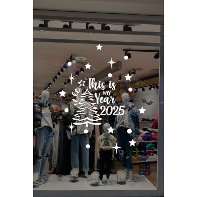  Çam Ağacı Happy New Year Süslemeli Yazısı Yeni Yıl Yılbaşı Vitrin Cam Stickerı