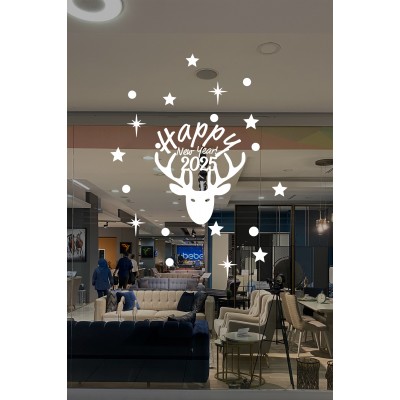 Sevimli Geyik Başı Happy New Year Yazısı Yeni Yıl Yılbaşı Vitrin Cam Sticker