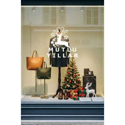 Yeni Yıla Özel Mutlu Yıllar Yazısı Geyik Süslemesi ve Kar Tanesi Yılbaşı Stickerları