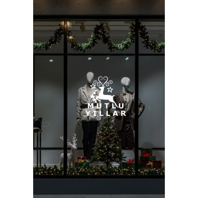 Yeni Yıla Özel Mutlu Yıllar Yazısı Geyik Süslemesi ve Kar Tanesi Yılbaşı Stickerları