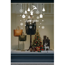 Mutlu Yıllar Yazısı Kar Taneleri ve Kutular Balonlar Vitrin Stickerları 70x50cm