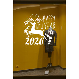 Geyik ve Happy New Year 2026 Yılbaşı Süslemeleri Yeni Yıl Yılbaşı Vitrin Cam Sticker