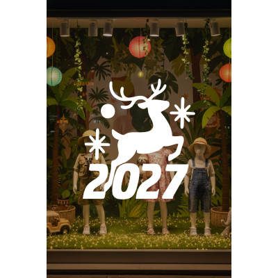 Geyik ve Yıldız Motifli 2027 Yeni Yıl Cam Sticker - Mağaza Vitrin Yılbaşı Dekoru