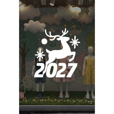 Geyik ve Yıldız Motifli 2027 Yeni Yıl Cam Sticker - Mağaza Vitrin Yılbaşı Dekoru