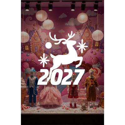 Geyik ve Yıldız Motifli 2027 Yeni Yıl Cam Sticker - Mağaza Vitrin Yılbaşı Dekoru