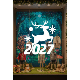 Geyik ve Yıldız Motifli 2027 Yeni Yıl Cam Sticker - Mağaza Vitrin Yılbaşı Dekoru