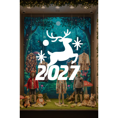 Geyik ve Yıldız Motifli 2027 Yeni Yıl Cam Sticker - Mağaza Vitrin Yılbaşı Dekoru
