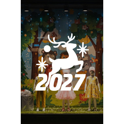 Geyik ve Yıldız Motifli 2027 Yeni Yıl Cam Sticker - Mağaza Vitrin Yılbaşı Dekoru