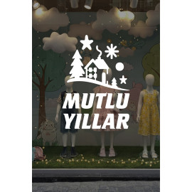 Mutlu Yıllar Kış Masalı Vitrin Cam Sticker – Çam Ağaçlı Yeni Yıl Dekoru