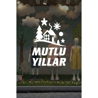 Mutlu Yıllar Kış Masalı Vitrin Cam Sticker – Çam Ağaçlı Yeni Yıl Dekoru