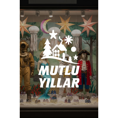 Mutlu Yıllar Kış Masalı Vitrin Cam Sticker – Çam Ağaçlı Yeni Yıl Dekoru