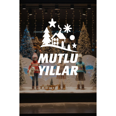 Mutlu Yıllar Kış Masalı Vitrin Cam Sticker – Çam Ağaçlı Yeni Yıl Dekoru