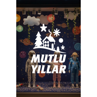 Mutlu Yıllar Kış Masalı Vitrin Cam Sticker – Çam Ağaçlı Yeni Yıl Dekoru