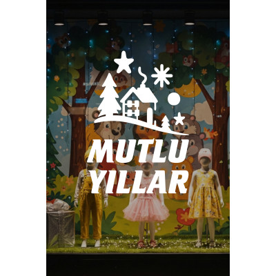 Mutlu Yıllar Kış Masalı Vitrin Cam Sticker – Çam Ağaçlı Yeni Yıl Dekoru