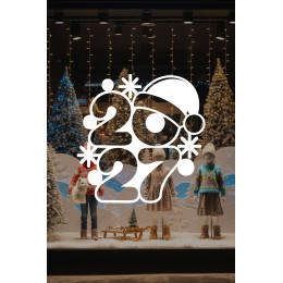 Noel Şapkalı 2027 Yeni Yıl Cam Sticker – Eğlenceli Kış Figürlü Yılbaşı Çıkartması
