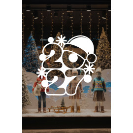Noel Şapkalı 2027 Yeni Yıl Cam Sticker – Eğlenceli Kış Figürlü Yılbaşı Çıkartması