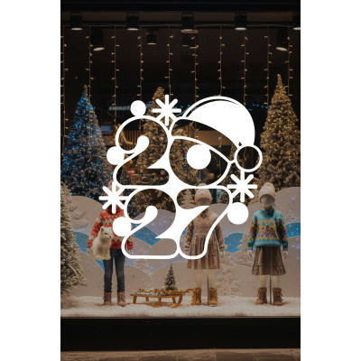 Noel Şapkalı 2027 Yeni Yıl Cam Sticker – Eğlenceli Kış Figürlü Yılbaşı Çıkartması