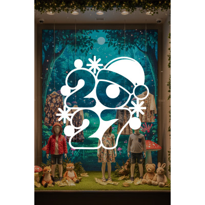 Noel Şapkalı 2027 Yeni Yıl Cam Sticker – Eğlenceli Kış Figürlü Yılbaşı Çıkartması