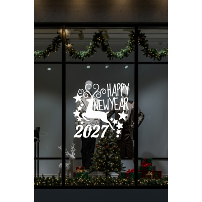 Geyik ve Happy New Year 2027 Yılbaşı Süslemeleri Yeni Yıl Yılbaşı Vitrin Cam Sticker