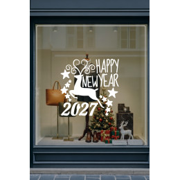 Geyik ve Happy New Year 2027 Yılbaşı Süslemeleri Yeni Yıl Yılbaşı Vitrin Cam Sticker