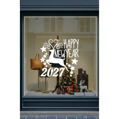Geyik ve Happy New Year 2027 Yılbaşı Süslemeleri Yeni Yıl Yılbaşı Vitrin Cam Sticker