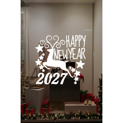 Geyik ve Happy New Year 2027 Yılbaşı Süslemeleri Yeni Yıl Yılbaşı Vitrin Cam Sticker Geyik ve Happy New Year 2027 Yılbaşı Süslemeleri Yeni Yıl Yılbaşı Vitrin Cam Sticker