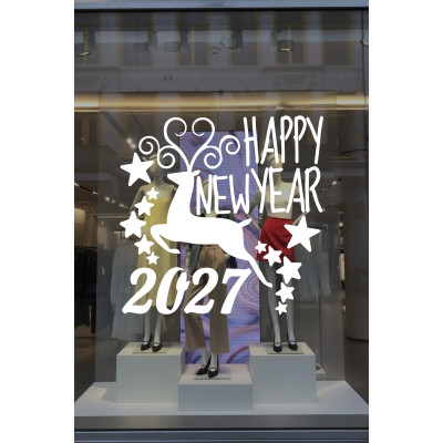 Geyik ve Happy New Year 2027 Yılbaşı Süslemeleri Yeni Yıl Yılbaşı Vitrin Cam Sticker